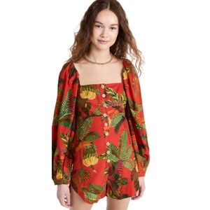 FARM RIO Orange pelican linen romper